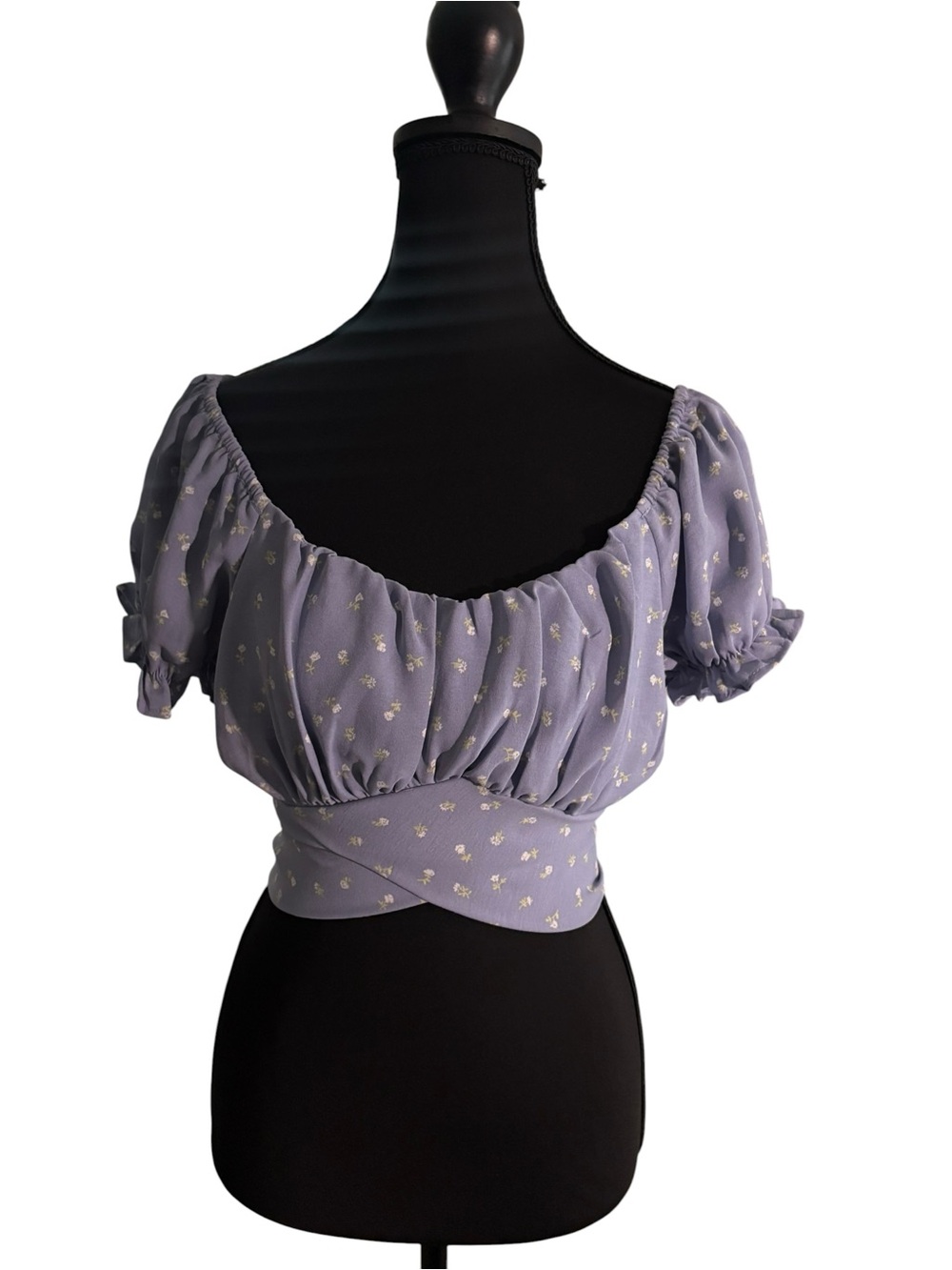 Pie in the Sky Blue Floral Off Shoulder Crop Top Wrap Tie Back Size M
